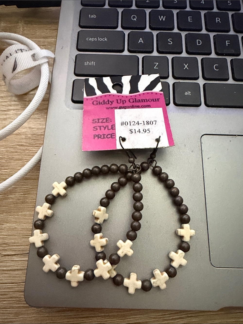 Giddy Up Glamour Brown Beaded Hoop Earrings with Cream Cross Beads